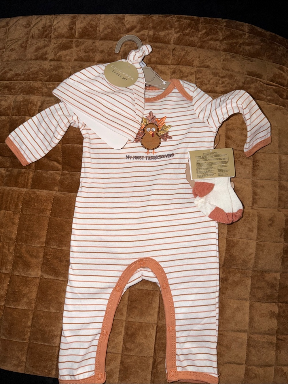 chick pea Orange and White Striped Baby One-Piece with Turkey Applique